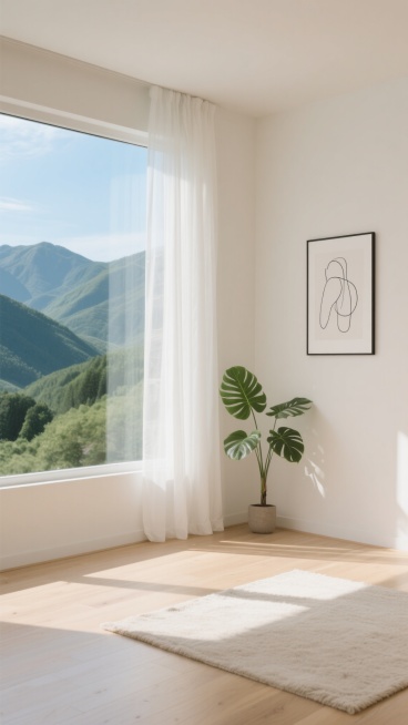 极简主义风格室内场景，柔和的米白色墙壁，浅色木地板，大窗户悬挂着垂坠感极佳的白色半透明纱帘，窗外是连绵起伏的翠绿山峦与清澈的蓝天，阳光透过纱帘在地面投下柔和的光影，角落摆放着一株叶片舒展的绿色植物，墙上挂着一幅简约的黑白线条装饰画，地面铺有一块质地柔软的浅色地毯，整体氛围宁静、明亮、通透，充满自然气息与舒适感。预览效果