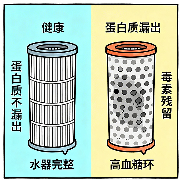 第三张糖尿病肾病科普漫画，展示健康肾脏滤网和受损肾脏滤网的对比图，左侧是健康完整的净水器滤网，右侧是被高血糖冲坏千疮百孔的滤网，标注蛋白质漏出和毒素残留，科普漫画风格，简洁直观
