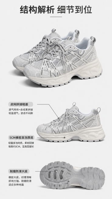 [第3屏] 鞋型解析页-标注厚底老爹鞋核心结构卖点，本屏使用【图1】和【图3】作为参考，分别展示鞋面和鞋底，保持鞋子外观一致。[氛围/风格] 功能解析风，清晰专业，突出产品结构，商业摄影质感。[元素布预览效果
