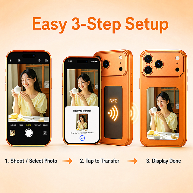 [Main Image 6] Simple Operation Steps for NFC Phone Case Casting. Show the three step process of "Shoot → Transfer → Display". Keep the product appearance consistent with the input orange phone case image. [Atmosphere Style] Clear step guide, professional style. [Image Quality] Commercial photography texture, soft and transparent light, clear and realistic product, clean and advanced picture. [Layout] 1:1 square, three steps arranged horizontally, each step has product screen display and step text. [Lighting] Soft even lighting, each step image clearly visible. [Color Matching] Light beige gradient background consistent with the reference image. [Text Layout] Top title: "Easy 3-Step Setup". Step 1 text "1. Shoot / Select Photo", Step 2 text "2. Tap to Transfer", Step 3 text "3. Display Done". All texts are in English, no Chinese, no extreme words. Each step text below its corresponding sub-image, font size consistent, clear. [Proportion Resolution] 1:1 ratio, 4K resolution, text clear and readable, ultra high definition. [Negative prompt] Deformed, watermark, text confusion, blurred product picture, messy background.