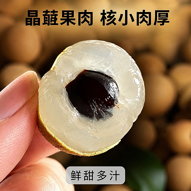 [主图-9] 剥开石硖龙眼果肉核特写展示，氛围风格诱人食欲特写风，画质微距商业摄影质感，光线柔和通透，细节清晰水润，画面干净突出主体，元素人手捏着一半剥开的石硖龙眼，展示通透晶莹果肉和乌黑果核，果肉水润透亮，背景虚化完整龙眼果实，保持龙眼果肉果核特征与输入一致，杜绝变形色差，主体占比60%，画面满屏无边框，光影侧前方柔光突出果肉水润光泽，背景虚化深褐色，浅景深突出主体，文字版式上部黑色字"晶莹果肉 核小肉厚"，底部浅灰底黑字"鲜甜多汁"，文字小面积清晰不遮挡主体，1:1比例，超高清商业摄影质感，文字清晰，负向提示词变形，文字错乱，产品图模糊，背景杂乱，水印，电商平台Logo