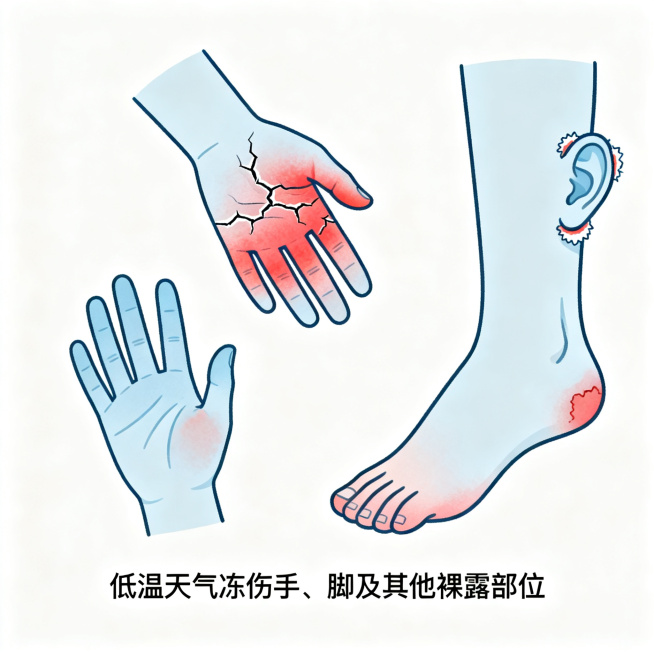 展示低温天气下人体手、脚及其他裸露部位被冻伤的场景，添加文字标注"低温天气冻伤手、脚及其他裸露部位"，白底插画，简约科普风格预览效果