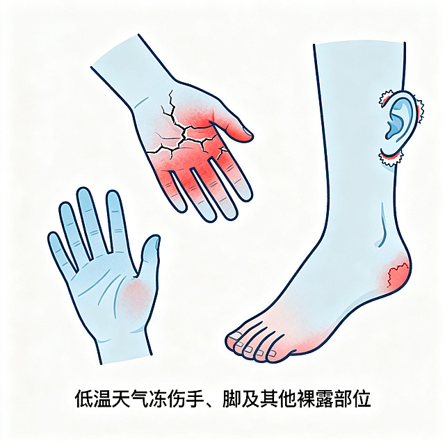 展示低温天气下人体手、脚及其他裸露部位被冻伤的场景，添加文字标注"低温天气冻伤手、脚及其他裸露部位"，白底插画，简约科普风格