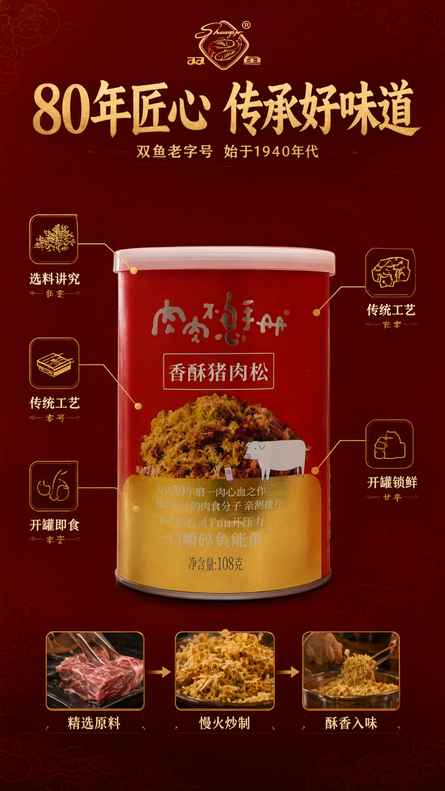 [商品] 使用【图1】双鱼香酥猪肉松红色罐装产品（正面+背面）… - 图片创意预览