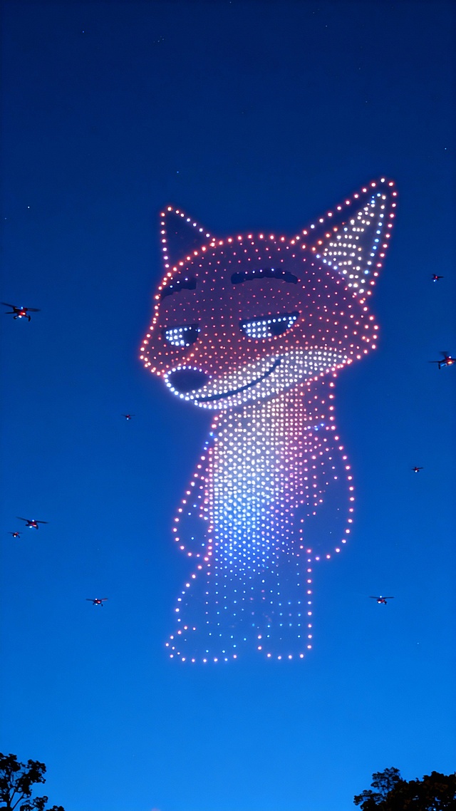 无人机灯光秀，中心区域浮现由无数渐变光点组成的图示人物，形象还原，光点简洁，深夜蓝色天空背景。周围有无人机点缀。