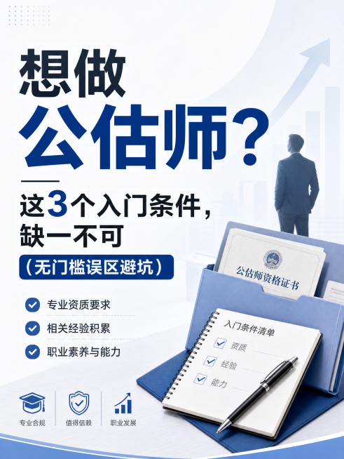 公众号图文封面，主题是公估师入门，画面上有大标题文字"想做公估师？这3个入门条件，缺一不可（无门槛误区避坑）"，简约职场商务风格，浅色背景，清晰字体排版预览效果