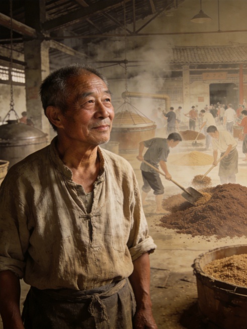 主视觉是一位55岁左右神情和善的酿酒匠人，穿着朴素的粗布衣服，站在自家老旧酿酒厂中，神情若有所思。背景是半透明的昔日酒厂酿酒热闹场景，有工人起甄、铲糟、翻粮的劳作画面，整体风格带有复古旧时光质感，配色预览效果