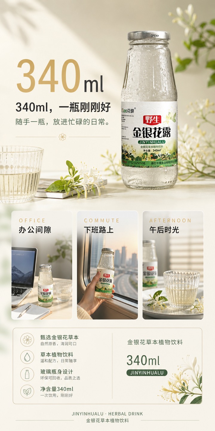 [商品] 使用【图1】野生金银花露玻璃瓶产品图；严格保留：透明… - 图片创意预览
