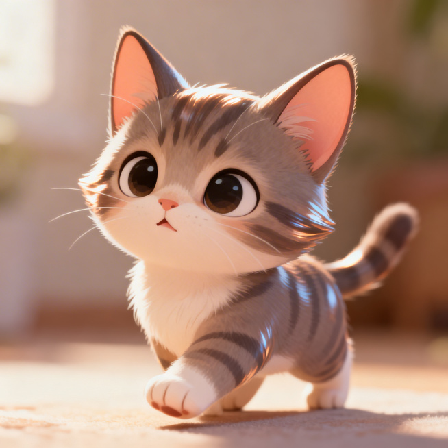一只灵动俏皮的小猫，毛发顺滑有光泽，耳朵俏皮竖起，活泼好动的姿态，治愈系卡通风格预览效果