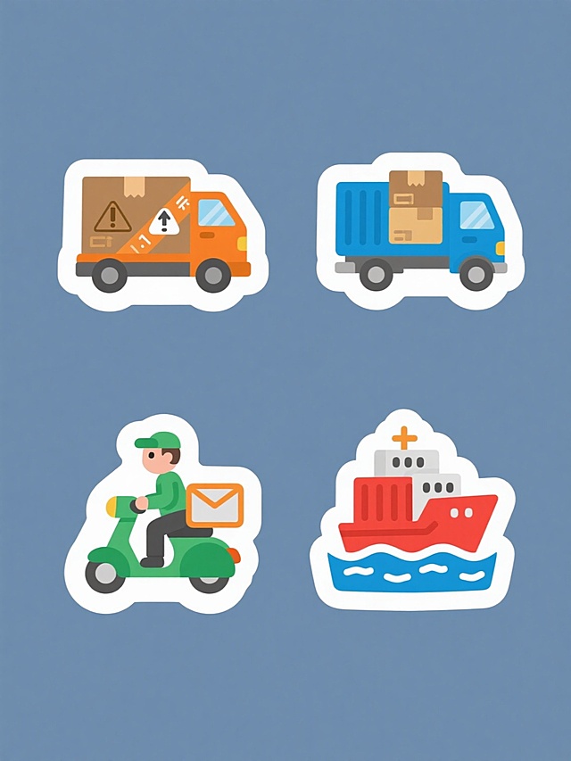 一组四个同风格的卡通物流运输图标，每个图标均为纯色背景，采用简洁明快的扁平化设计风格，色彩鲜明且整体协调统一，每个图标展示不同的物流运输元素：第一个是橙色卡车运载带易碎、防雨、向上箭头标识的棕色纸箱，第二个是蓝色货车装载多个包裹，第三个是绿色快递员骑着电动车配送邮件，第四个是红色集装箱货轮在海上航行，所有图标元素类目保持物流运输主题，规整排布成系列素材集合，视觉层级清晰，信息传达高效，具有现代设计感。