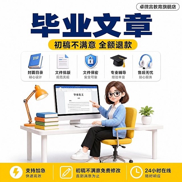 毕业文章辅导服务天猫主图，800×800像素正方形，纯白色背景。3D卡通风格，画面居中布局：顶部右上角白色圆角胶囊"卓微言教育旗舰店"，上方超大深蓝色粗黑体"毕业文章"主标题，下方明黄色胶囊"初稿不满意 全额退款"，再下方白色圆角卡片内五列等距排列卖点（封面目录配书本图标、文件排版配文档图标、文件保密配盾牌锁图标、专业辅导配学士帽图标、售后无忧配耳机客服图标），中部白色办公桌前坐戴黑框眼镜棕色齐肩短发女生，穿浅蓝针织开衫内搭白衬衫、黑色长裤、白色运动鞋，坐在黄色办公椅上，右手指向电脑屏幕，左手放键盘上，桌上有橙色台灯、四本叠放的书、银色电脑显示器显示毕业论文文档、白色小盆栽，底部明黄色通栏三栏文字（支持加急、初稿不满意免费修改、24小时在线）。纯白色背景，干净明亮，文字清晰，人物和物品有自然阴影，整体专业可信。