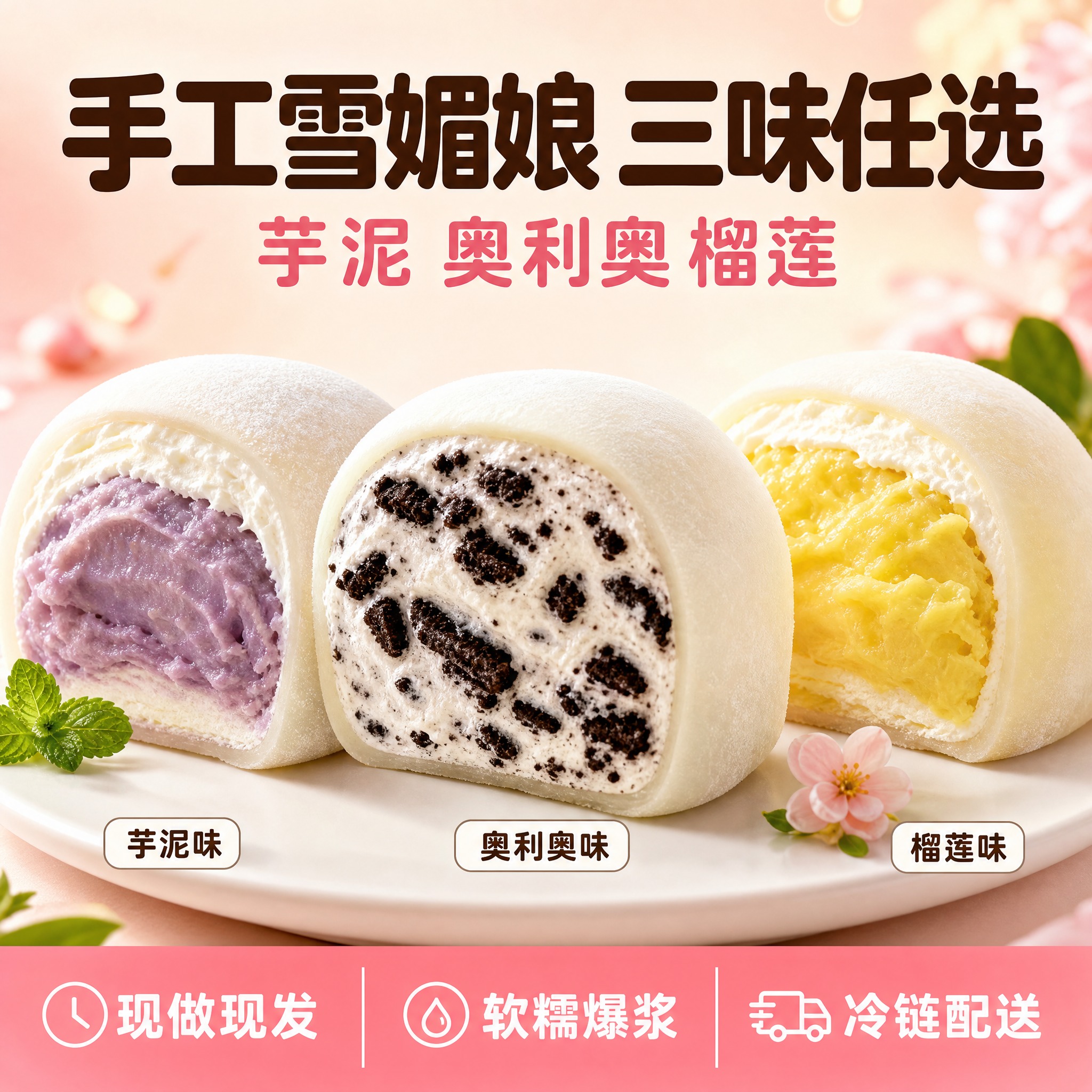 [单张主图] 雪媚娘三口味组合美团外卖主图，爆款促销感路线，目… - 图片创意预览