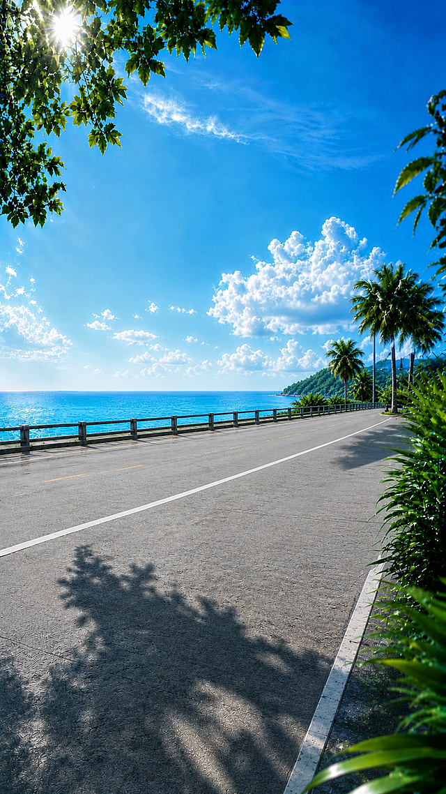 移除图片中的浅蓝色集装箱卡车，保留原背景：海边公路、蓝色大海、蓝天白云、树叶绿植，保持原图像的光影和风格不变