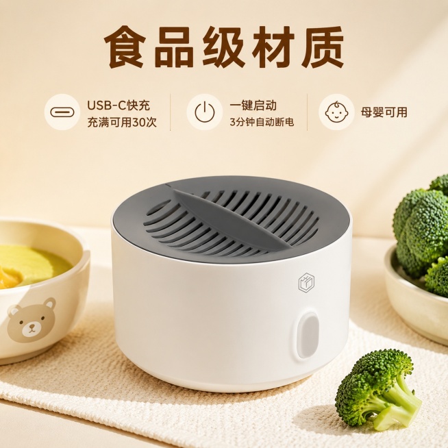 [主图-4修改重新生成] 沐鲜果蔬清洗机食品级材质卖点展示。[氛围风格] 简洁安全母婴风。[画质] 商业摄影质感，光线柔和通透，产品清晰真实，画面干净高级。[元素] 产品居中放置，旁侧搭配宝宝辅食碗和预览效果