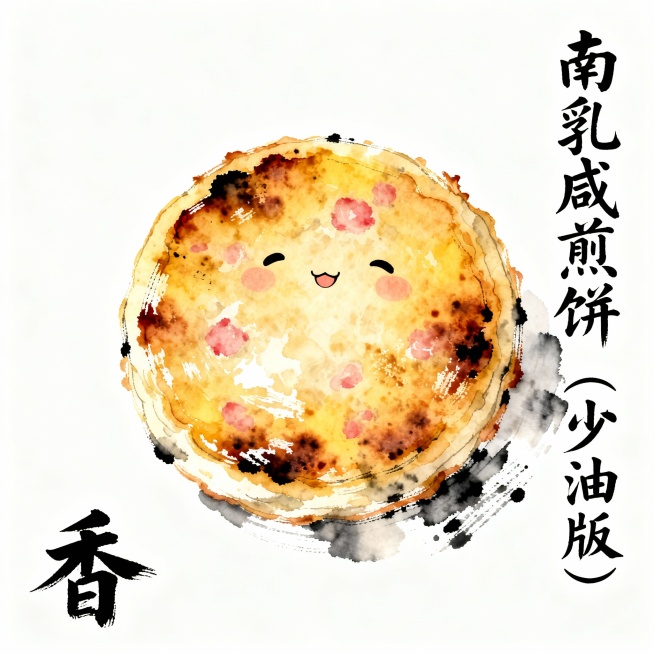 31. 南乳咸煎饼（少油版）
构图：煎饼圆圈形，微焦

色彩：饼面金黄带焦，南乳淡红

细节：饼边脆感用干笔

题字：南乳咸煎饼（竖排右侧）

铃印：左下角“香”

32. 糖不甩（姜汁版）
构图：糯预览效果