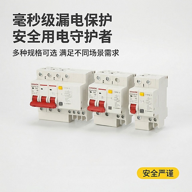 [垫图] https://gdesign-dam-hz.dancf.com/35885409728582706/068dc087c933469b96a6ed125f4f99d4.jpg
[主图主题] 家用漏电断路器主图首图
[氛围/风格] 安全严谨简约风格 专业工业品质感
[画面元素] 三款不同规格漏电断路器居中整齐排列 主体清晰突出 占比约60% 背景为浅灰色渐变极简纯色背景 铺满无边框 冷硬影棚质感光影 突出产品塑料和金属材质质感
[配色色系] 主色调：浅灰色背景 产品本白色 红色操作手柄点缀 金属银色接线端子
[视角构图] 平视正面拍摄 景深较浅 背景纯净突出主体
[文字版式] 主标题 "毫秒级漏电保护 安全用电守护者" 副标题 "多种规格可选 满足不同场景需求" 左上角放置主标题 字体为粗黑体 深灰色字 右下角胶囊标签 "安全严谨" 黄色底深灰色字 整体排版平衡简约 不遮挡主体