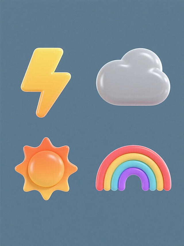 纯色背景上，四个规整排布的软3D风格天气图标系列素材集合，保持与原图一致的圆润边角、光滑表面、明亮高光和渐变阴影的软3D质感，每个图标具有独特的整体色彩：左上角为黄色闪电图标，右上角为灰色阴天图标，左下角为橙色太阳图标，右下角为七彩渐变彩虹图标，所有图标形态简洁、立体感强，色彩鲜明且和谐统一，形成风格一致的系列化设计。