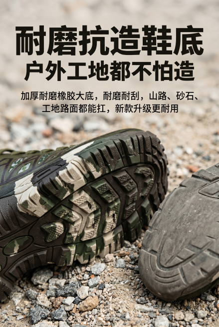 主标题“耐磨抗造鞋底”，副标题“户外工地都不怕造”，核心文案“加厚耐磨橡胶大底，耐磨耐刮，山路、砂石、工地路面都能扛，新款升级更耐用”，鞋底特写镜头，聚焦耐磨纹路细节，背景为工地砂石地面，对比普通鞋底预览效果