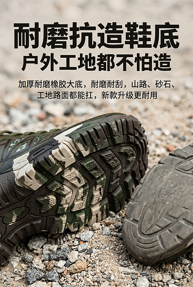 主标题“耐磨抗造鞋底”，副标题“户外工地都不怕造”，核心文案“加厚耐磨橡胶大底，耐磨耐刮，山路、砂石、工地路面都能扛，新款升级更耐用”，鞋底特写镜头，聚焦耐磨纹路细节，背景为工地砂石地面，对比普通鞋底耐磨短板，色调偏工业风，突出橡胶材质质感，凸显“新款”耐磨升级优势，主标题用粗体醒目字体，核心卖点文案用常规字体，字号比主标题小1-2号