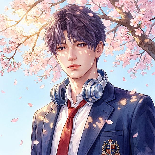 根据参考图人物修改，保留人物五官轮廓，调整为：皮肤通透白皙，唇色水润，眼神温柔带点疏离，典型校园白月光人设。穿搭为日系学院风校服，藏青色西装外套带校徽刺绣，白色翻领衬衫，松散的红色领带，颈间挂着银蓝配色的头戴式耳机，整体干净清爽带慵懒少年感。场景为春日户外樱花树下，澄澈浅蓝色天空，盛开的粉色樱花树枝条垂落，花瓣点缀画面，暖金色春日阳光透过樱花枝桠，在人物身上形成斑驳光影，丁达尔光效，整体画面明亮通透，温柔治愈。主色调为藏青、白、红、粉、浅蓝，清新柔和撞色，水彩油画质感，色彩过渡自然。1:1正方形特写构图，人物占据画面主体，樱花枝桠从左上角垂落，黄金分割构图，微微俯拍的平视视角，半身近景，完整呈现人物上半身、穿搭细节与樱花场景。侧前方暖金色阳光，樱花斑驳光影，明暗对比柔和，突出人物轮廓与皮肤通透感，金属耳机高光质感，刻画好发丝蓬松凌乱感、皮肤通透感、衬衫褶皱、西装质感、耳机细节、樱花花瓣层次，细腻逼真