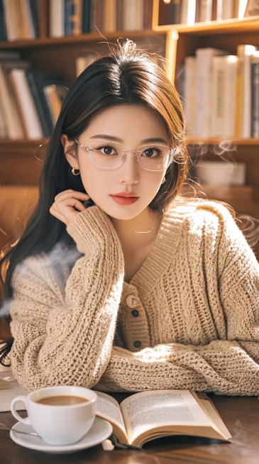 给图片中的女主戴上第二张图里的玫瑰金无框眼镜，保持无框眼镜的款式和细节不变，图片比例为9:16，保留原图其他内容和氛围不变预览效果