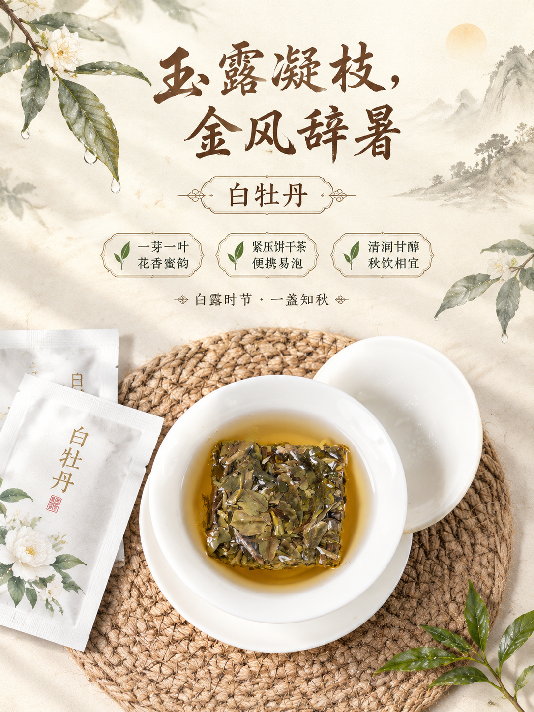 国风新中式禅意白茶海报，画面上半部分为大面积留白的清雅米白宣纸… - 图片创意预览