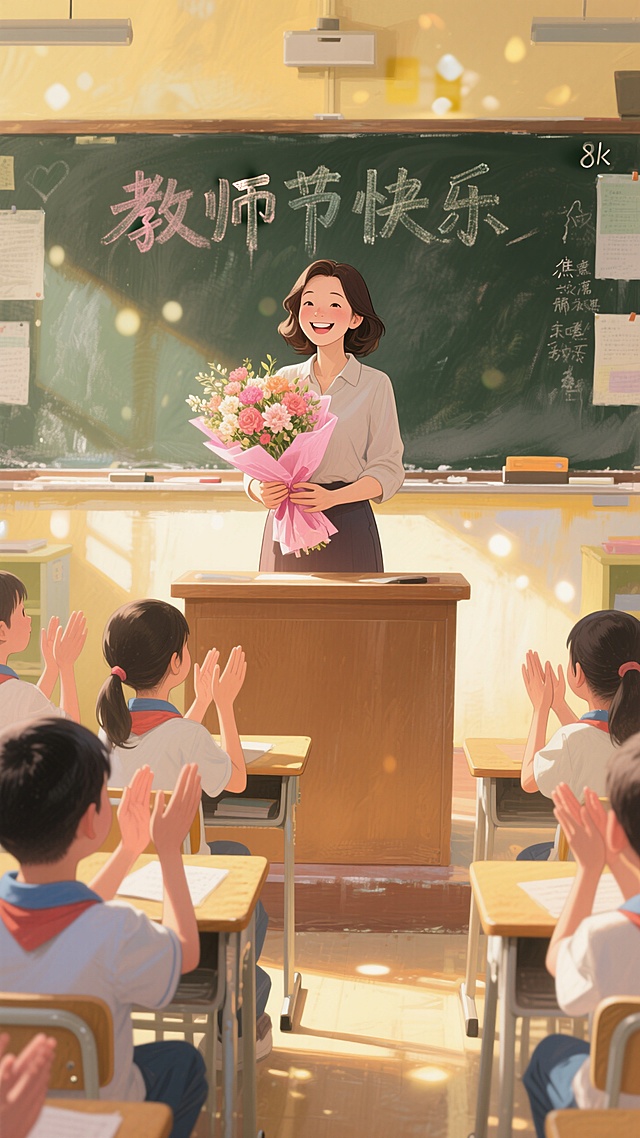 杰作，8K，温馨教室场景，中远景，画面重心居下。
黑板上写着“教师节快乐”，一位笑容灿烂幸福的女教师站在讲台上，双手捧着粉色包装的美丽花束。台下的学生们热烈鼓掌，脸上充满敬爱与喜悦。
温暖的黄色调光线弥漫室内，柔和的光斑，电影感光影，突出温馨、感恩和快乐的氛围，超高细节，写实风格。
