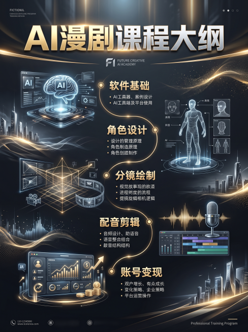 AI漫剧课程内容大纲图文页，标题 "AI漫剧课程大纲"，内容分为五个模块：软件基础、角色设计、分镜绘制、配音剪辑、账号变现，大气好莱坞电影海报级排版，高级灰金配色，无卡通动漫感，专业培训机构设计，3:预览效果