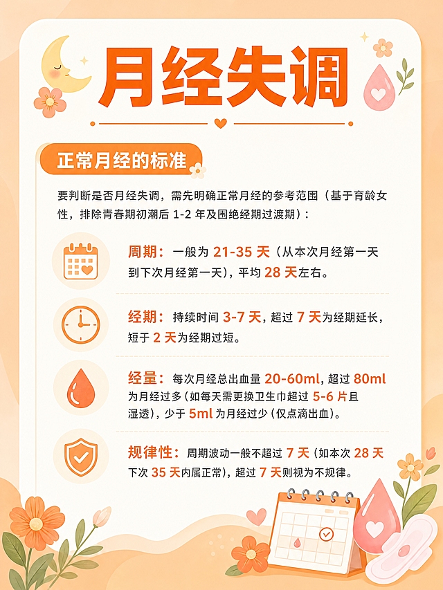 健康科普信息图，橙色主色调，温暖女性健康风格，与另外两张月经失调图风格完全统一。文案内容完全不变，重新设计排版，去掉右下角医生形象。整体风格：浅橙色渐变背景，米白色圆角大卡片，现代简约清新风，无医生人物形象。顶部标题区：大标题「月经失调」橙色粗黑体大字，配可爱的女性健康相关小图标（如花/月亮/水滴），标题下方有橙色装饰线。主体「正常月经的标准」板块：橙色圆角标签标题，引导语后分四项：周期、经期、经量、规律性，每项用橙色小图标开头，文字深灰色，数值关键词用橙色加粗高亮。右下角用可爱的女性健康插画元素（如花/日历/水滴图标组合）替代医生形象。底部有装饰元素（小花/叶子）。整体氛围：温暖、专业、女性友好。文字内容逐字完全保留不变。画面比例3:4，4K高清，版式精美，信息层级清晰，与另外两张风格统一。