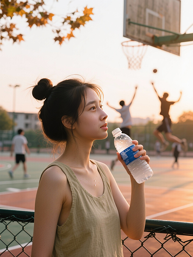 胶片风写实场景，自然光效下的篮球场黄昏，人物姿态柔和清新，都市青春气息浓郁，文艺与时尚交织。