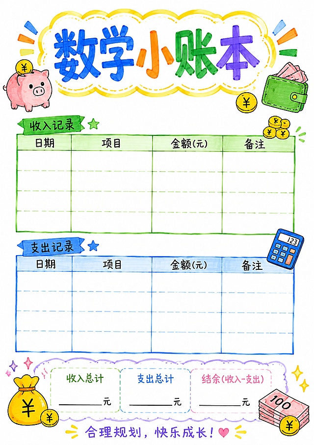 马克笔手绘风格，白底，二升三创意暑假数学小账本页，标题："数学小账本"，设计表格区域记录收支，添加简单钱币手绘装饰，马克笔线条，清晰分区
