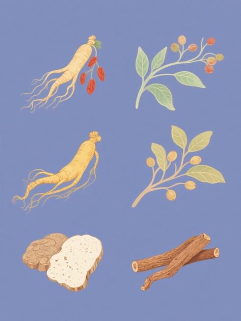 一系列6个不同中药元素的插画，保持统一的清新手绘风格，每个元素独立在纯色背景上，整体色彩变换多样。包含人参、枸杞、当归、黄芪、茯苓、甘草，每个中药都有精细的线条勾勒，自然的光影效果，搭配飘逸的曲线和点缀的果实或叶片，元素排布规整，形成和谐统一的中药素材集合。预览效果