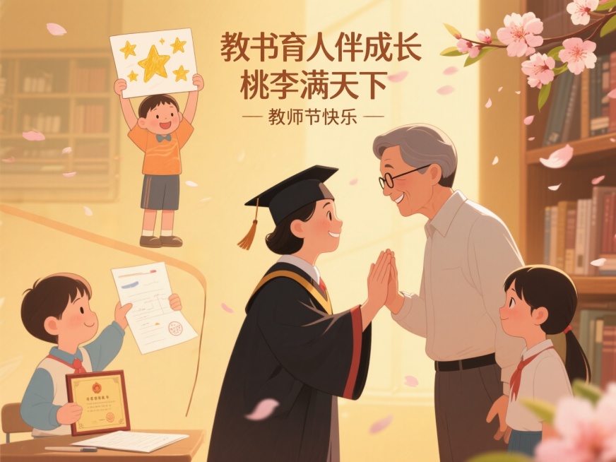 画面以温暖柔和的暖黄色为主色调，左侧呈现时间轴式场景：童年孩童举着画满星星的作业向老师请教，少年捧着获奖证书与老师击掌，青年身着学士服向老师鞠躬；右侧聚焦成年后的学生与老师面对面相望，学生眼中满是感恩预览效果