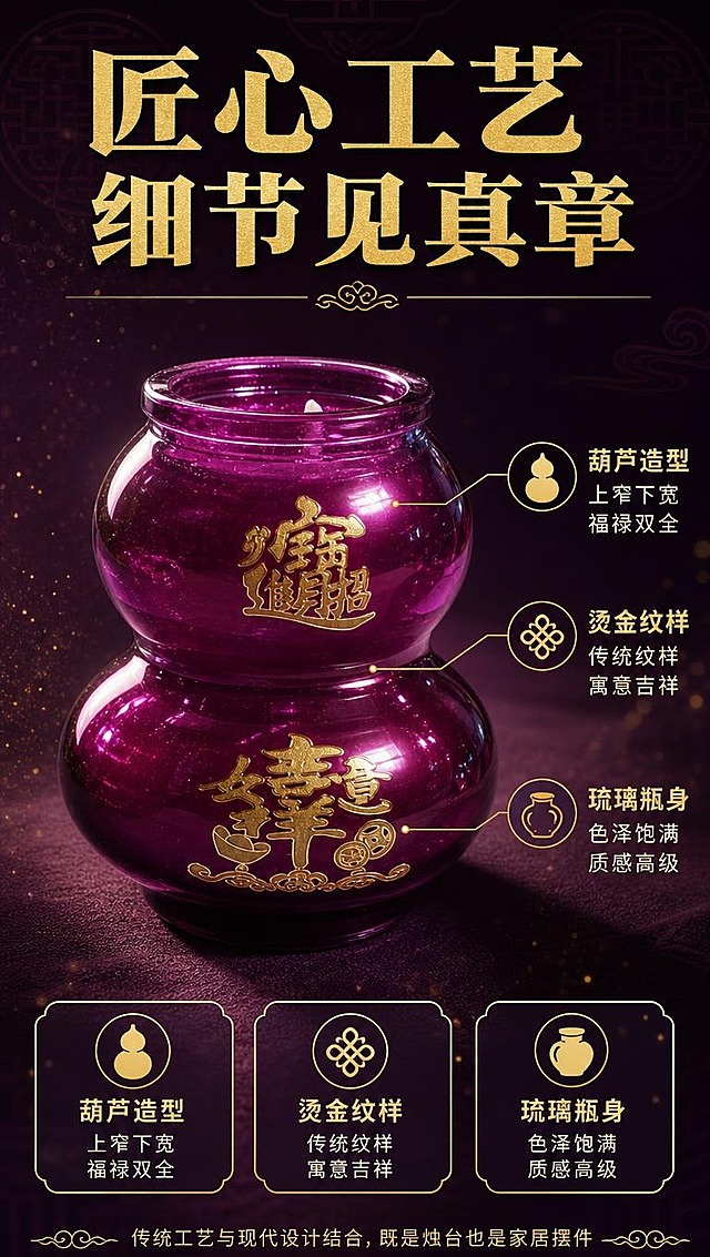 [商品] 使用【图1】葫芦造型酥油灯；保留紫色葫芦玻璃瓶身、烫金传统吉祥纹样、整体结构；做瓶身细节微距特写，重点展示烫金纹样的精细工艺和琉璃玻璃的通透质感；瓶身上下葫芦两节的曲线和金色图案清晰可见。
[画面] 页面目标：细节工艺页，展示葫芦造型+烫金纹样的精致做工。构图：上方大标题，中间产品微距特写占画面60%，下方3个细节标注点；产品为45度侧视角度，聚焦瓶身中段烫金纹样；用金色引线从纹样处引出3个标注：①葫芦造型 吉祥寓意 ②烫金工艺 精美不掉色 ③琉璃瓶身 通透莹润；背景为深紫暗调，有柔和聚光打在产品上，周围有细微金粉飘散效果。
[视觉] 套系策略：风格=新中式国风商业摄影+醒目大字排版；标题字=粗黑体带中式衬线，厚重醒目；正文字=圆润无衬线黑体；主色=深紫+金色；背景延展=基于深紫色做渐变层级、同色系明暗过渡、暗纹中式底纹；强调色=烫金色，用于标题、图标、引线、卖点高亮；标题色=烫金色；正文色=米白色；组件=圆角金边信息卡、中式云纹分割线、金色图标；光影=聚光侧打光，突出烫金浮雕质感和玻璃反光。
[文字] 顶部大标题：匠心工艺 细节见真章（金色粗体大字）；3个引线标注分别对应：葫芦造型（上窄下宽 福禄双全）、烫金纹样（传统纹样 寓意吉祥）、琉璃瓶身（色泽饱满 质感高级）；底部小字：传统工艺与现代设计结合，既是烛台也是家居摆件；所有文字横排。
[规格] 图片比例9:16竖版，4K分辨率，避免变形、错字、文字过小、冷蓝色调、纹样模糊错乱。