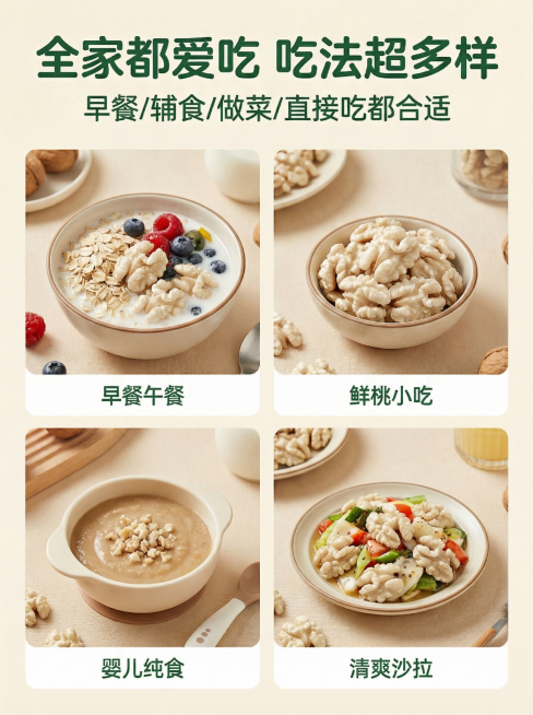 修改图片，将图中所有带褐色皮的核桃仁替换为白色去皮的鲜湿核桃仁，保留原图片所有文字、排版、背景、容器和其他食材完全不变，只替换核桃仁，保持整体构图光照风格完全一致。要求白色去皮核桃仁饱满脆嫩颜色洁白，预览效果