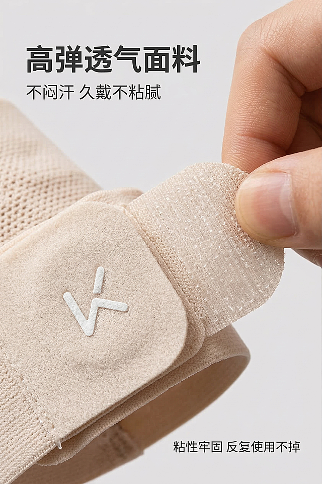 [垫图] https://gdesign-dam-hz.dancf.com/35848265802033267/364083abb8704569974eef99a62b8b8b.png
[主图主题] 护腕材质细节特写主图
[氛围/风格] 高级质感，微距写实，干净高级
[画面元素] 极致微距特写护腕魔术贴粘贴区域和弹性绷带材质，展示面料细腻透气纹理，魔术贴勾面整齐清晰，绷带拉伸回弹自然；一只手轻轻拉扯护腕，展示高弹性，背景虚化突出材质细节；保持护腕款式和原图一致。
[配色色系] 主色调：浅米杏；辅助色：暖肤色，浅灰背景
[视角构图] 微距特写，焦点清晰，浅景深
[文字版式] 主标题 "高弹透气面料"，副标题 "不闷汗 久戴不粘腻"，右下角标注 "粘性牢固 反复使用不掉"，字体无衬线深灰，主标题大字号悬浮于左上，副标题小一号在下方，整体构图简洁突出材质质感。