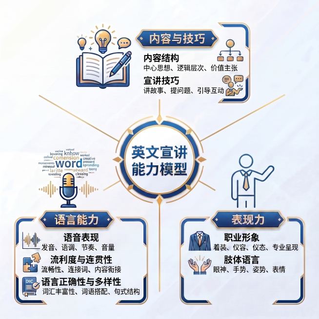 基于原图进行精准修改：1）将右下角‘表现力’模块中的文字‘眼神交流、手姿势、面部表情’替换为‘眼神、手势、姿势、表情’；2）将该模块对应的大图标（原为双手向上张开图标）替换为一个带人物的图标，例如单人预览效果