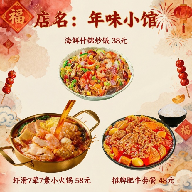 以图1为背景，将海鲜什锦炒饭、虾滑7荤7素小火锅、招牌肥牛套餐三道菜品合理布局在画面中，菜品互不遮挡，添加文字“店名：年味小馆”“海鲜什锦炒饭 38元”“虾滑7荤7素小火锅 58元”“招牌肥牛套餐 4预览效果