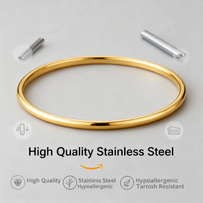 [Golden Version Main Picture 3] 3mm plain closed gold stainless steel bangle. Highlight the material预览效果