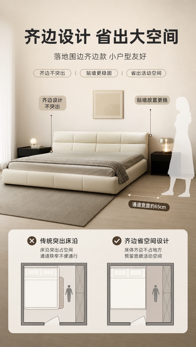 [商品] 使用【图1】米白色意式极简落地款围边真皮床；保留齐边… - 图片创意预览
