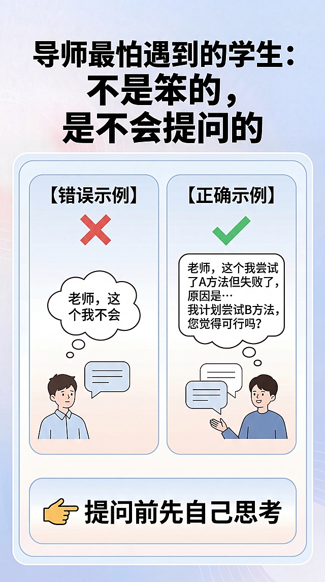制作研究生论文辅导知识科普图文，排版精致，画面有质感，所有文字清晰可辨认，无水印，参考参考图1和参考图2的浅蓝渐变简约风格，竖版排版。主标题：导师最怕遇到的学生：不是笨的，是不会提问的，错误示例打叉：“老师，这个我不会”，正确示例打勾：“老师，这个我尝试了A方法但失败了，原因是…我计划尝试B方法，您觉得可行吗？”，最后标注小贴士：👉 提问前先自己思考，整体简约清晰，学术科普风格，配色清新。