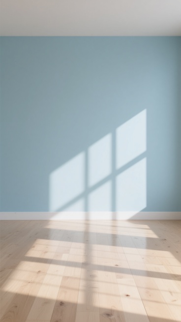 70%空白区域的极简室内背景，柔和浅蓝色墙面，浅色木地板铺展，清晨/午后阳光透过窗格投下清晰几何阴影，木地板显自然木纹及细微反光，整体简洁明亮有层次，空间开阔，尽显简约优雅生活美学的背景素材用提示词预览效果