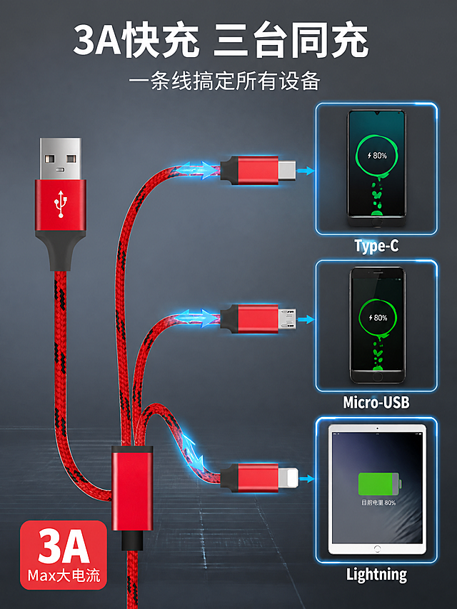 [主图-2] 一拖三数据线核心价值图，3A快充与多设备兼容卖点。
[氛围风格] 冷灰科技感，数据可视化，专业品质电商风。
[画质] 商业摄影质感、光线清晰锐利、产品真实、画面干净高级。
[元素] 画面左侧展示红色一拖三编织数据线的USB输入端与分线器特写，三条分线向右延伸连接到三个设备图标/小窗：上方Type-C接口连安卓手机（显示充电中电池图标），中间Micro-USB连旧款手机，下方Lightning连苹果手机/平板。三条线都有微弱的蓝色电流光效从分线器流向设备，表示同时充电。背景为中灰色渐变，带有细微科技网格纹理。保持产品外观（物理结构、材质质感、颜色、接头形状）与输入产品图一致，杜绝变形色差。商品主体占比约50%，设备小窗占比约30%。
[光影] 左前侧主光打亮产品，金属接头高光清晰，编织纹理分明；设备小窗自发光效果，屏幕亮着充电界面；整体光感科技通透，暗部有层次。
[配色] 主色中灰科技背景；辅色产品正红；强调色电光蓝（电流光效、数据高亮）、白色（文字）。
[视角构图] 平视角度，产品在左，三个设备小窗在右呈纵向排列，用蓝色箭头指示充电流向，形成从左到右的视觉动线。
[文字版式] 顶部居中大标题"3A快充 三台同充"，白色粗体无衬线最大号。下方副标题"一条线搞定所有设备"，白色细体约半高。右侧每个设备小窗下方标注接口名称："Type-C" "Micro-USB" "Lightning"，白色小字。左下角红色圆角矩形数据卡，上大号数字"3A"白字，下小字"Max大电流"白字。
[输出要求] 3:4比例，文字清晰锐利，超高清商业摄影质感。
[负向提示词] 变形，文字错乱，产品图模糊，背景杂乱，水印，电商平台Logo，多余的手，多余的手指，畸形手，融合手指，手部扭曲，肢体穿模，人物面部扭曲，关节反折。