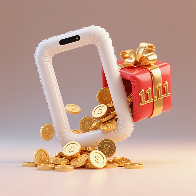 充气风手机框与鎏金礼盒碰撞，金币倾泻而出，融合3D重拟物设计，传递双11喜庆促销与科技感。
