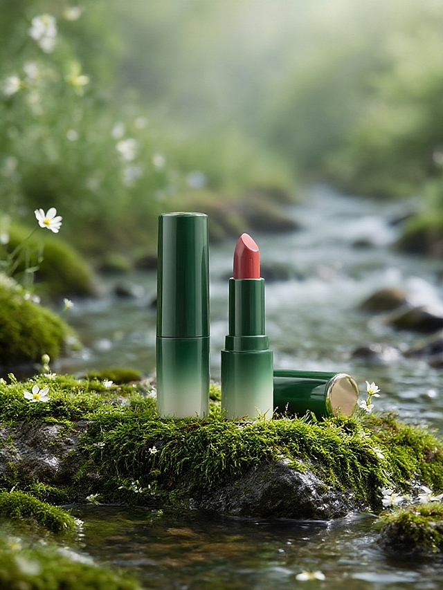 特写主体放置在长有苔藓的石头上，背景是朦胧的绿色调，点缀白色小花和溪水。