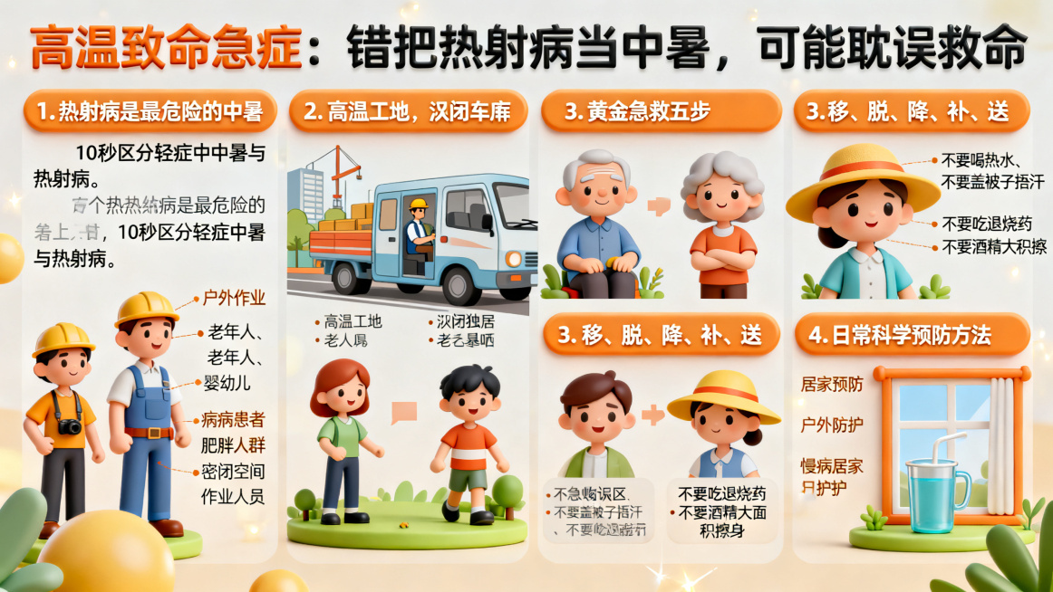 高温致命急症：错把热射病当中暑，可能耽误救命
一、热射病，其实就是“最危险的中暑”——高温高湿天里，身体的散热系统直接“罢工”，体温飙到40℃以上，脑子和全身器官都会受严重损伤，耽误救治的话，死亡率特预览效果