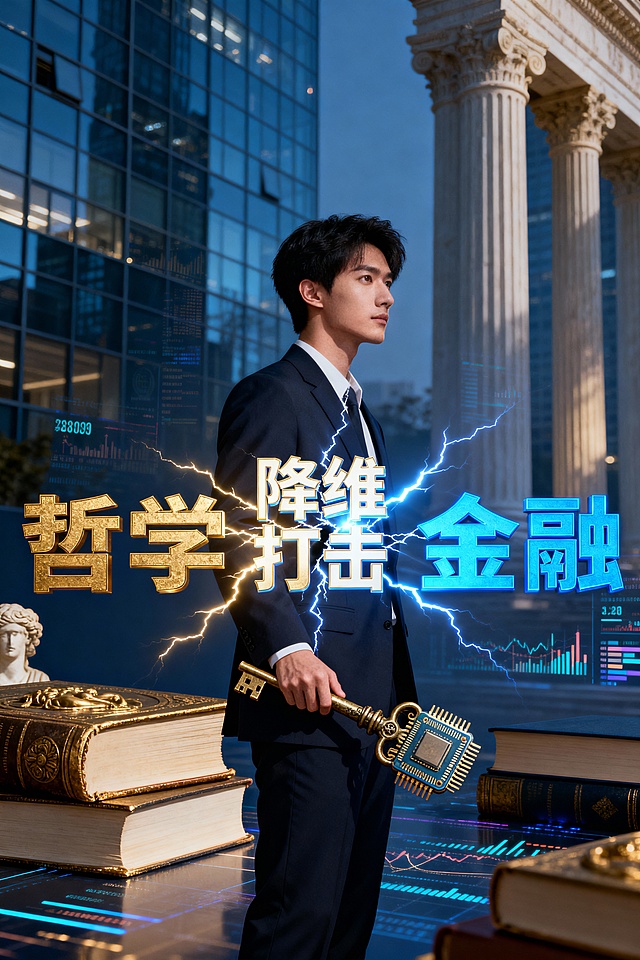 [image-一位目光深邃、身着现代简约西装的年轻男性侧影，立于古典哲学书籍与现代金融数据流交汇的光影中。他的手中持有一把由古代钥匙与现代芯片融合而成的象征性器物。画面左侧是烫金浮雕的“哲学”二字，右侧是荧光蓝色的“金融”二字，两词之间被一道闪电般的裂纹击穿，裂纹中央迸发出立体炫光的“降维打击”四字。背景是虚化的顶级写字楼玻璃幕墙与若隐若现的古希腊柱廊，整体色调为深蓝与鎏金，风格充满知识感、力量感与颠覆性。]