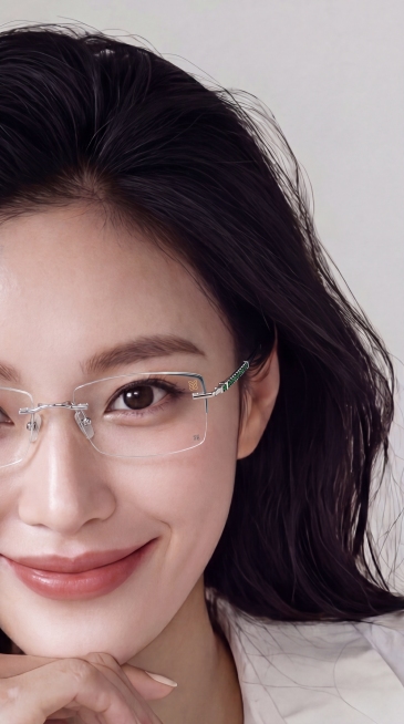 女主下巴微微上抬，保持自然微笑表情，无框眼镜（银色镜框+绿色装饰钻）不变，发型、服装与背景保持一致, 图片尺寸比例为9:16预览效果