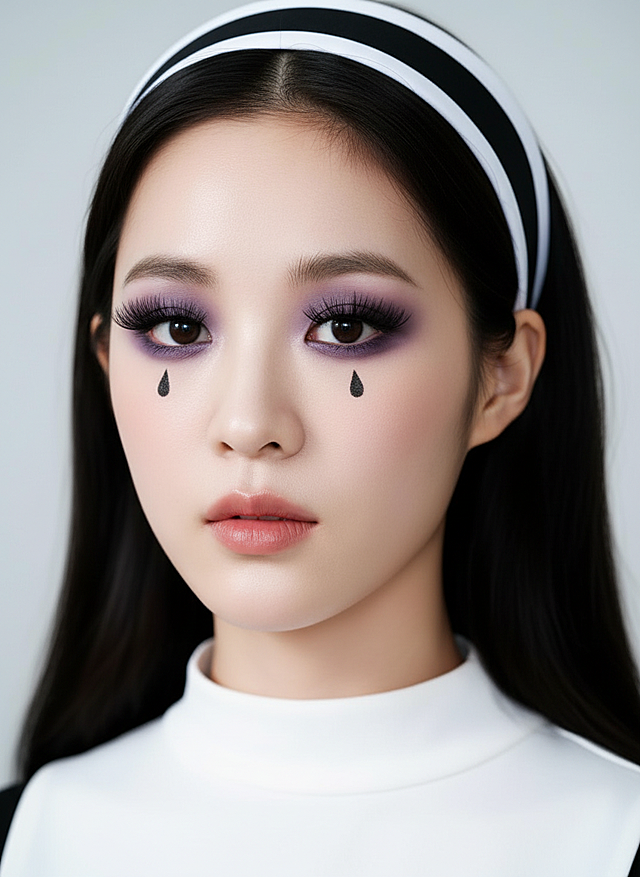 美妆博主的万圣节妆容，带有：紫灰色系眼影，夸张睫毛，眼尾处有黑色水滴；黑白修女风的发箍