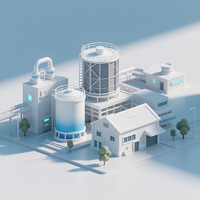 3D渲染，2.5D风格，以浅蓝为主色调的科技感场景，极简工业风场景，白色背景上，呈现白色工业设施模型，包含冷却塔、储液罐（其中一个罐体有蓝白渐变效果）、带屋顶的建筑等，搭配小型树木装饰元素，采用中心构图，光线为柔和的侧逆光，营造出简洁、现代且具科技感的工业厂区氛围，质感细腻，色彩纯净，画面整体精致且富有秩序感